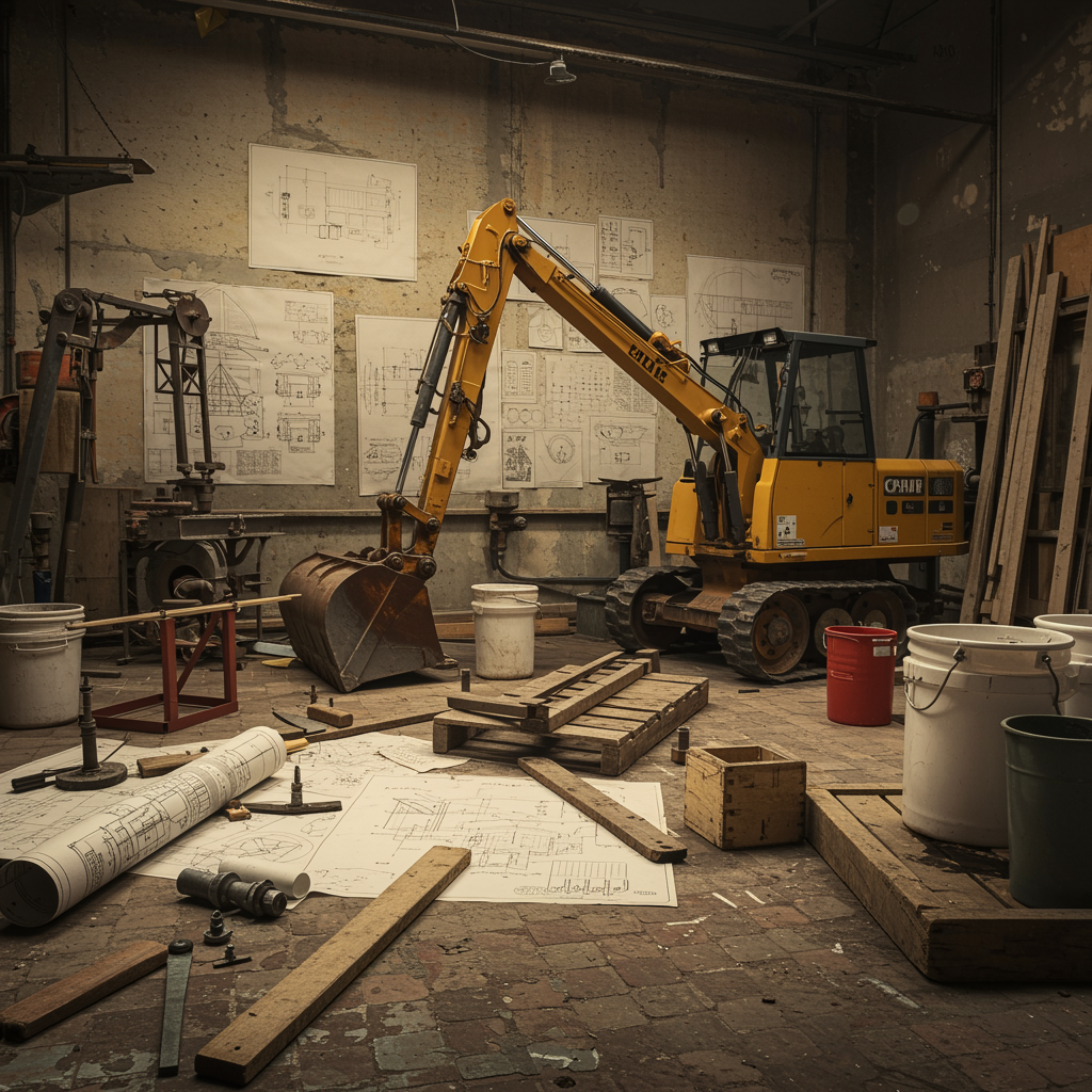 A richly detailed composition illustrating the company’s history and commitment to excellence in construction and general services. The scene should blend vintage blueprints, antique construction tools, and modern machinery, symbolizing a seamless evolution from traditional methods to innovative techniques. Subtly include elements like iron structures, painting sprayers, event setups, plumbing tools, and sanitation equipment, all set in a warm, inviting tone that reflects experience and dedication.