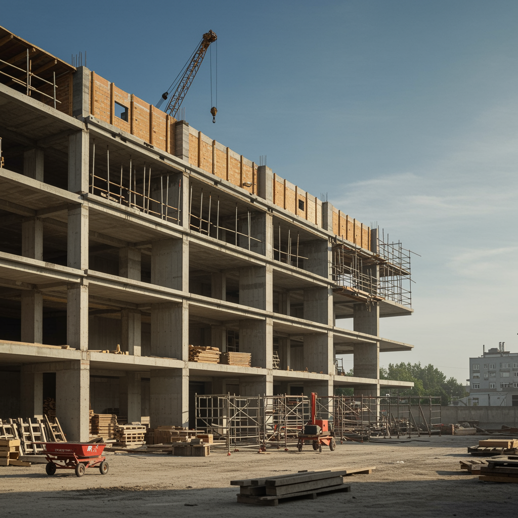 Generate a detailed illustration depicting an active construction project. Show a partially completed building with visible iron frameworks and refined finishing touches like painted surfaces. Include subtle hints of complementary services such as organized event spaces and on-site equipment like scaffolding and tools, all rendered in a realistic, professional style.